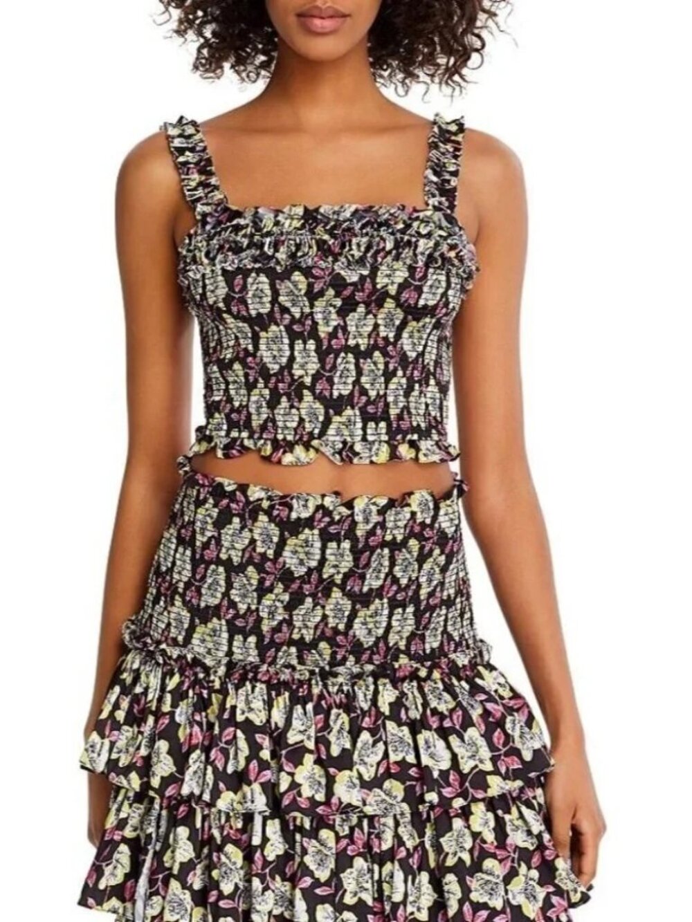cinq a sept Mira Black Floral Smocked Crop Top in Black Multi Size L